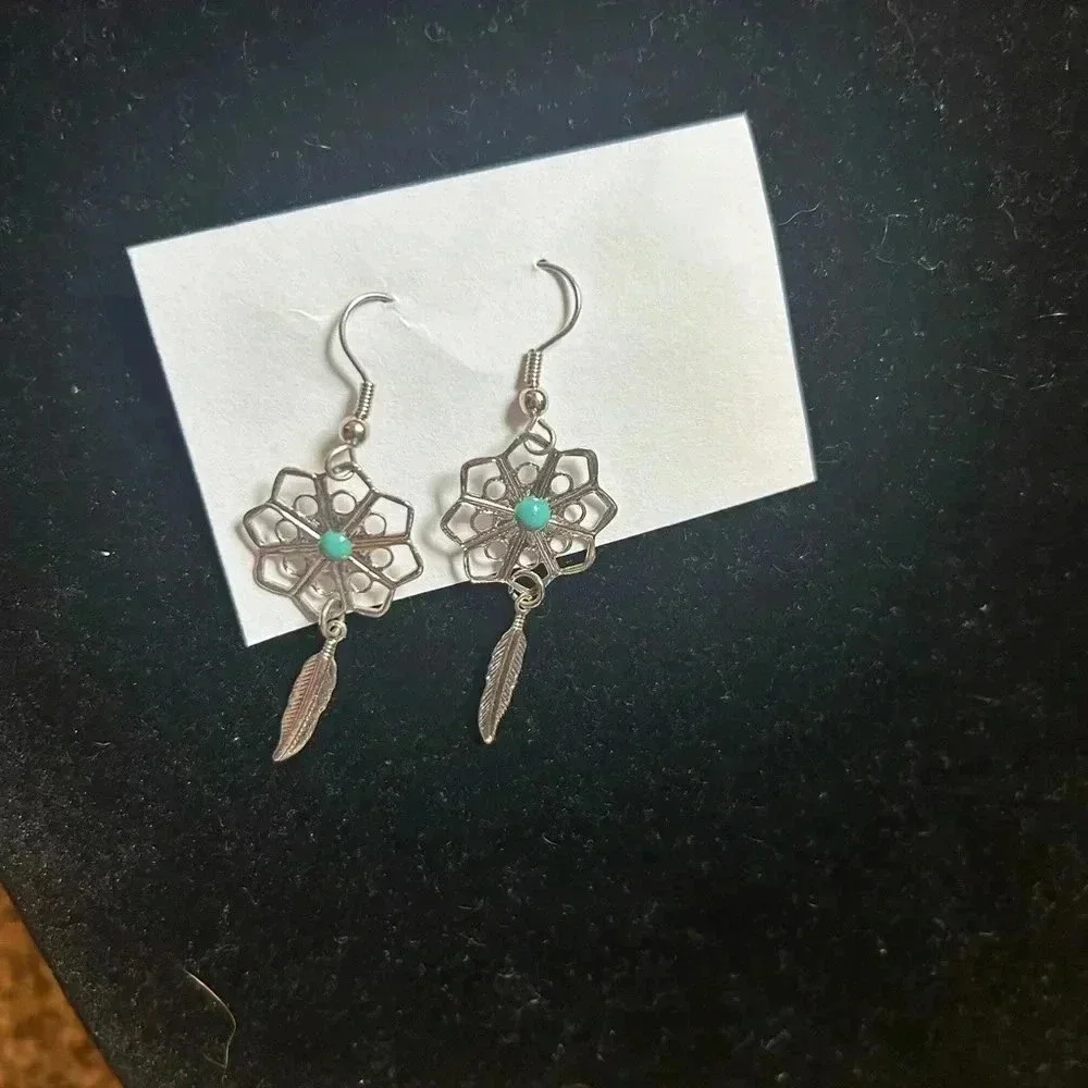 Dangling‎ silver earrings with feather